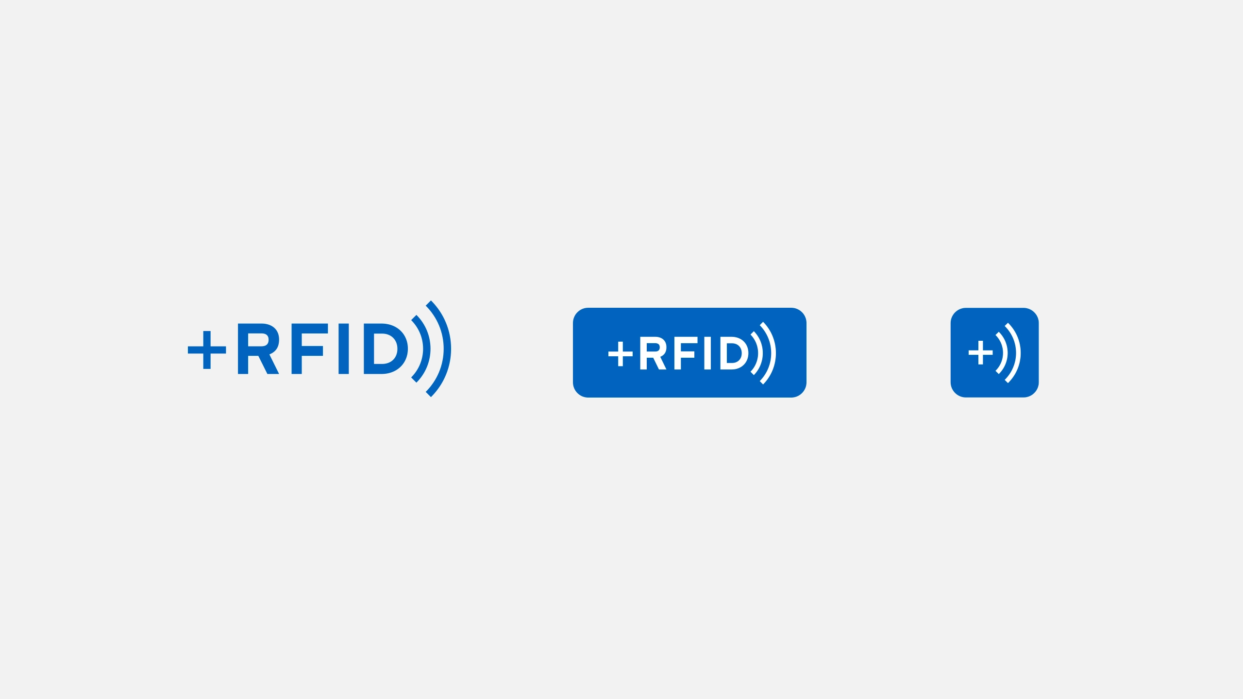 Three blue +RFID logo and icon variations are displayed on a light gray background. The icons differ in boldness and surrounding shapes, representing RFID technology.