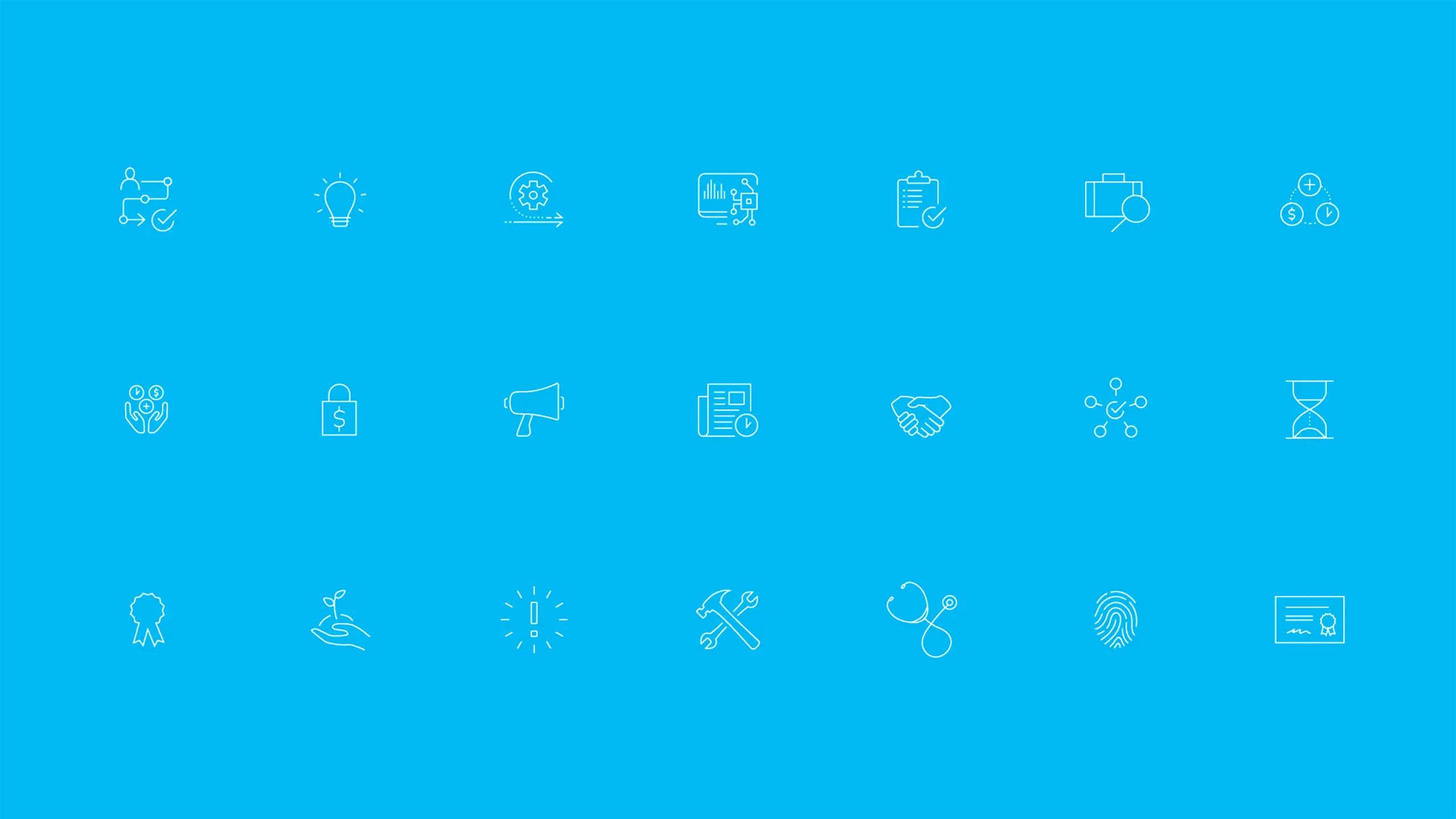 A grid of minimalist white line icons on a solid blue background, depicting various symbols like a lightbulb, cogwheel, and handshake, representing ideas and collaboration.